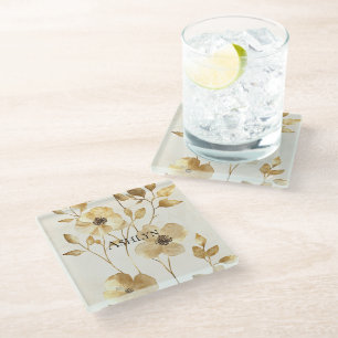 Cream Gold Floral Glass Coaster