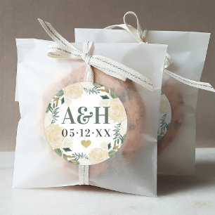 Cream Gold Floral Greenery Monogram Wedding Classic Round Sticker