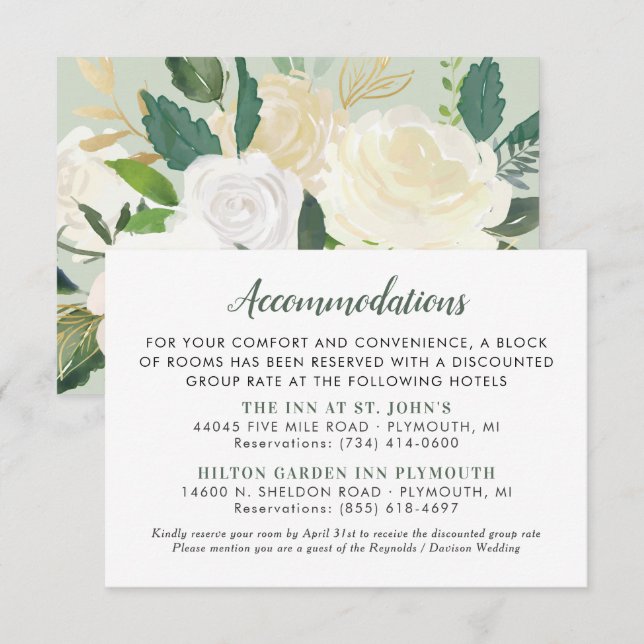 Cream Gold Floral Greenery Wedding Accommodations Enclosure Card (Front/Back)