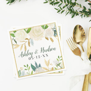 Cream Gold Floral Greenery Wedding Monogram Napkin
