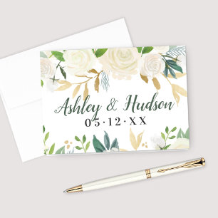 Cream Gold Floral Greenery Wedding Monogram Note Card