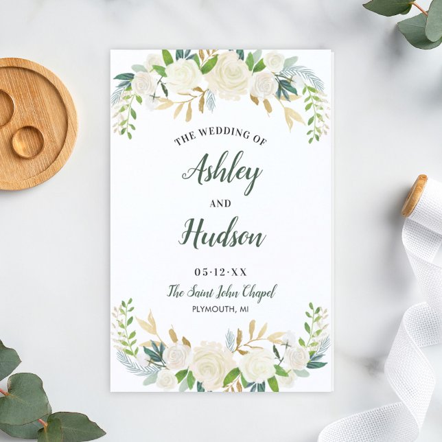 Cream Gold Floral Greenery Wedding Programs (Creator Uploaded)