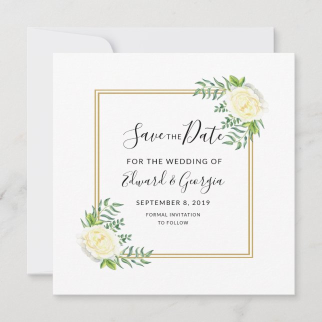 cream gold floral save the date wedding invite (Front)