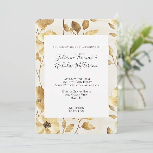 Cream Gold Floral Wedding Invitation (Standing Front)