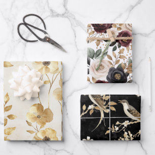 Cream Gold Floral Wedding Wrapping Paper Sheet