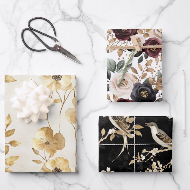 Cream Gold Floral Wedding Wrapping Paper Sheet (Front)