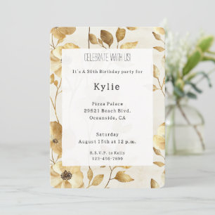 Cream Gold Flowers Birthday Invitation