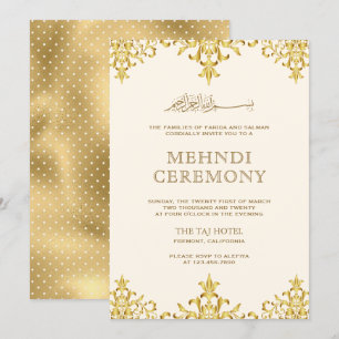 Cream Gold Foil Damask Islamic Wedding Mehndi Invitation