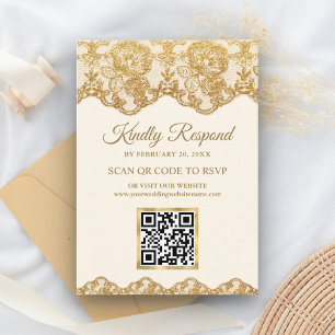 Cream Gold Foil Lace QR Code RSVP Wedding Website Enclosure Card