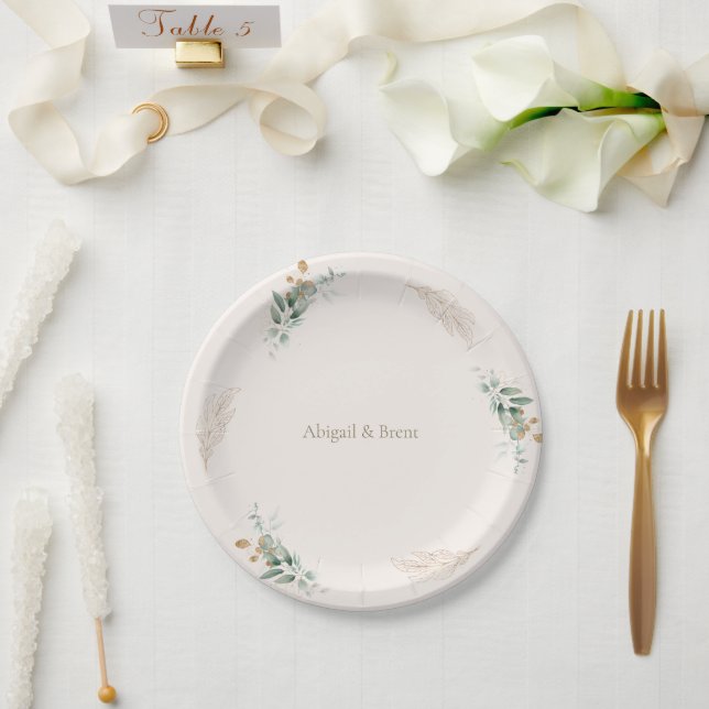Cream & Gold Foliage Wedding Paper Plate (Wedding)