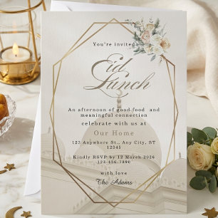 Cream Gold Geometric Floral Mosque Eid Lunch Party Invitation