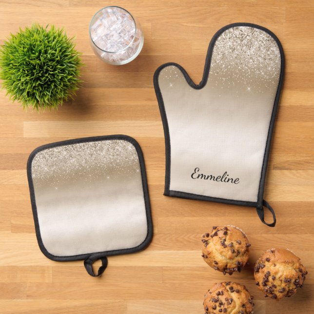 Cream Gold Glitz Glitter Bridal Shower Oven Mitt & Pot Holder Set (Top Down)