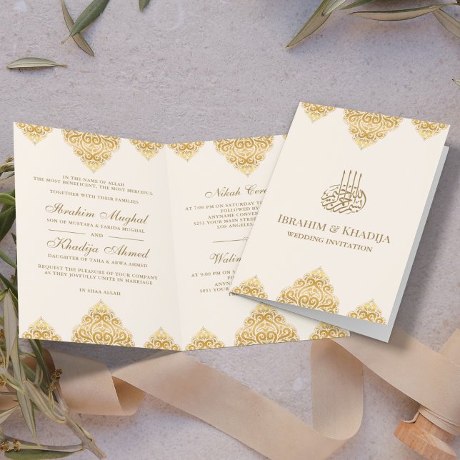 Cream Gold Islamic Motif Muslim Wedding Invitation (Creator Uploaded)