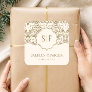 Cream Gold Lace Monogram Wedding Favour Square Sticker