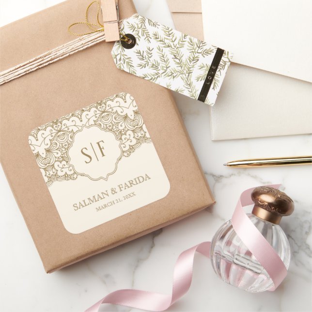 Cream Gold Lace Monogram Wedding Favour Square Sticker (Gifting)