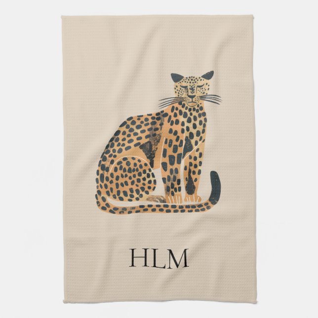 Cream Gold Leopard Animal Monogram Tea Towel (Vertical)