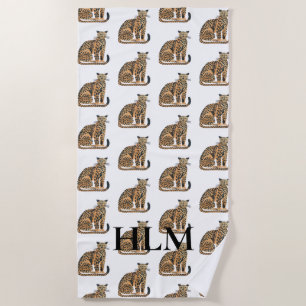 Cream Gold Leopards Animal Monogram Beach Towel