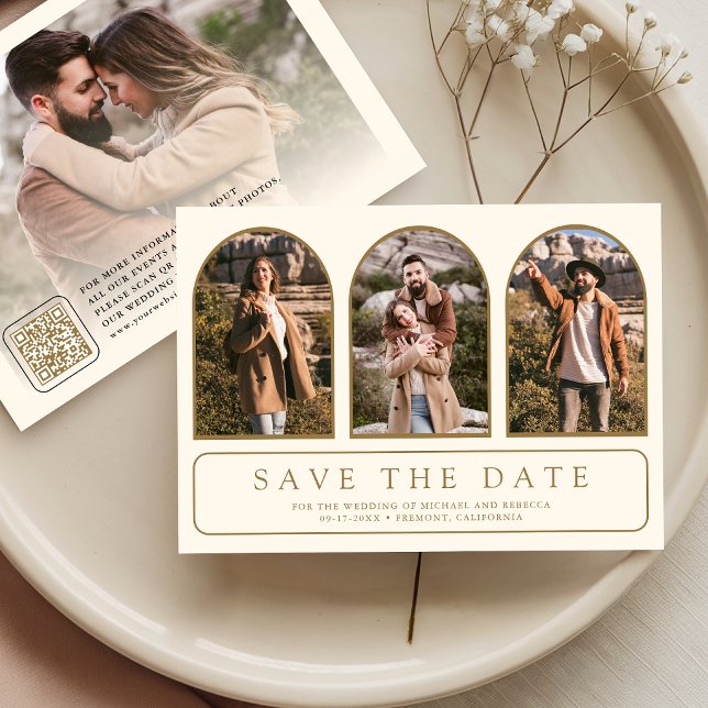 Cream Gold Minimal Arch Photo QR Code Wedding Save The Date (Creator Uploaded)