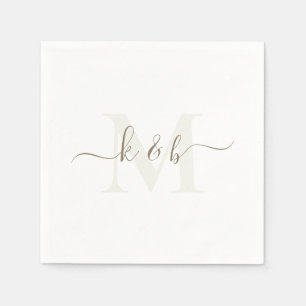 Cream & Gold Monogram Swash Script White Cocktail  Napkin