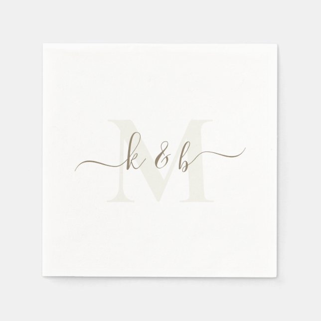 Cream & Gold Monogram Swash Script White Cocktail  Napkin (Front)