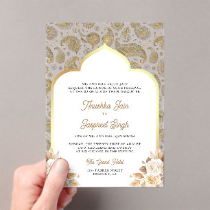 Cream Gold Paisley Floral Indian Wedding Acrylic Invitations