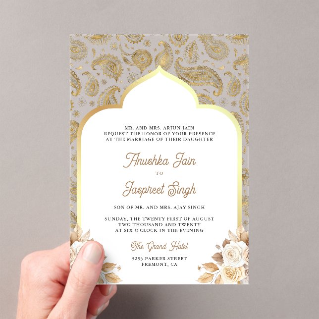 Cream Gold Paisley Floral Indian Wedding Acrylic Invitations (Insitu (Handheld))