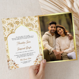 Cream Gold Paisley Floral QR Code Indian Wedding Invitation