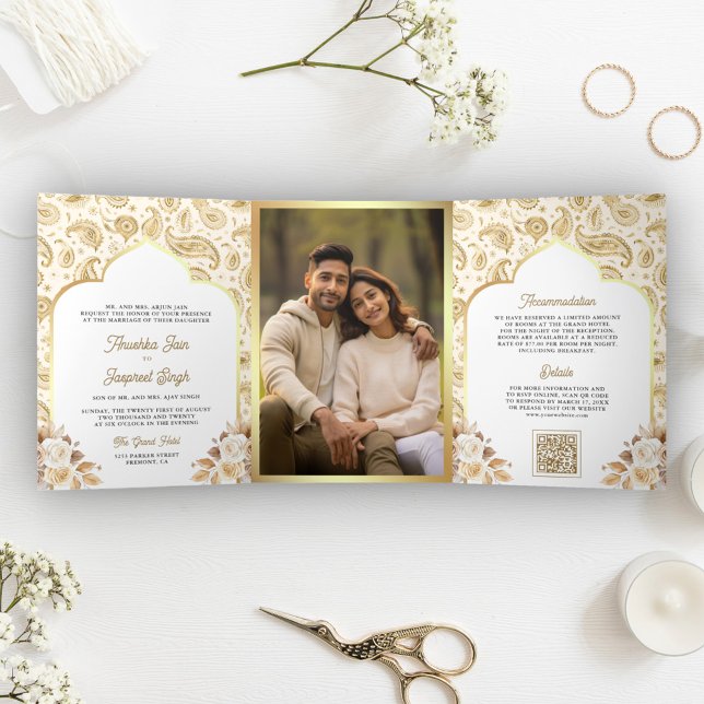 Cream Gold Paisley Floral QR Code Indian Wedding Tri-Fold Invitation (Creator Uploaded)