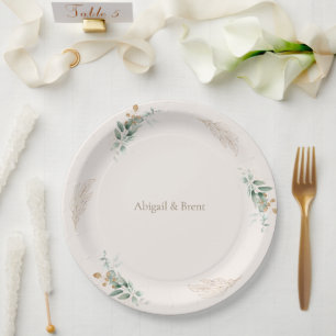 Cream & Gold Personalized Foliage Wedding Paper Plate