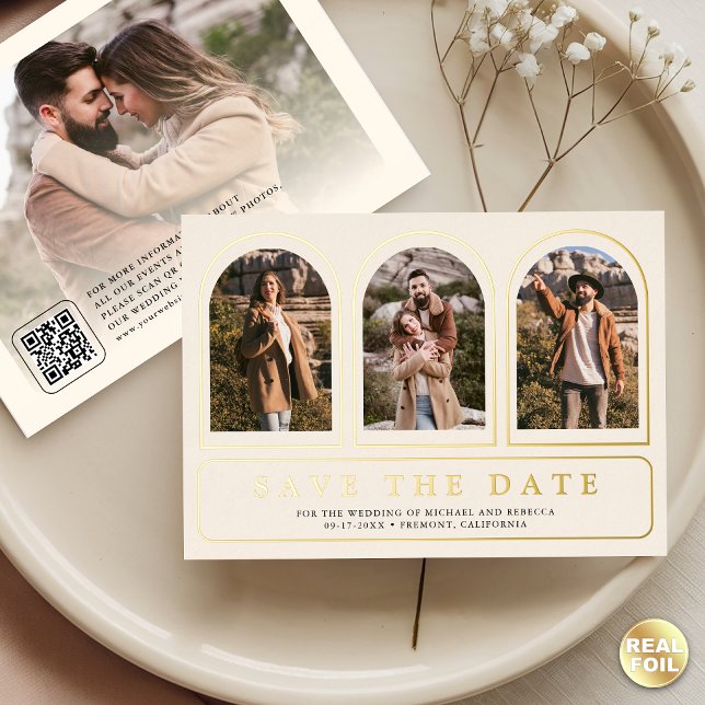 Cream Gold Photo QR Code Wedding Save the Date (Creator Uploaded)