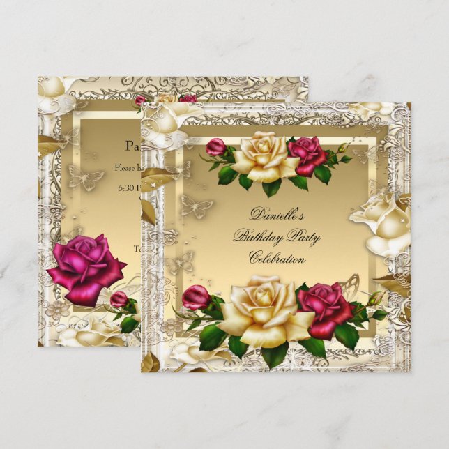 Cream Gold Pink Red Roses Elegant Birthday Party Invitation (Front/Back)