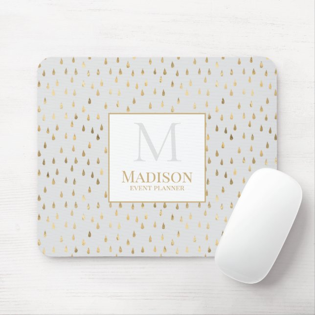 Cream Gold Raindrop Modern Trendy Monogram Mouse Mat (With Mouse)