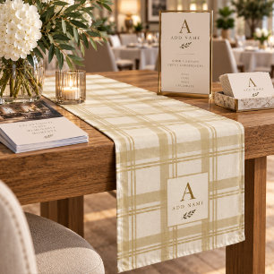 Cream Gold Tartan Plaid Business Logo Short Table Runner