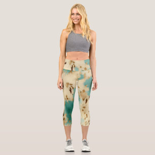 Cream Gold Turquoise Cowhide Animal  Capri Leggings