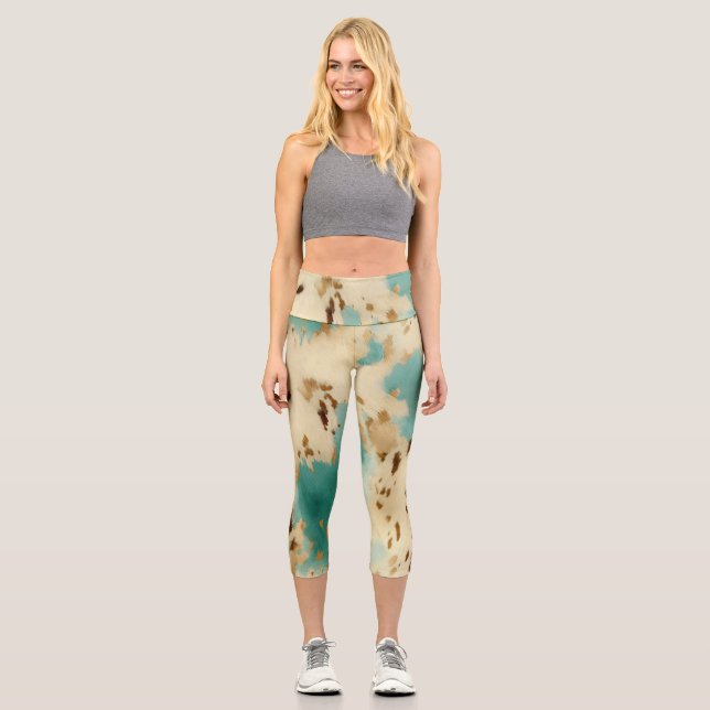 Cream Gold Turquoise Cowhide Animal  Capri Leggings (Front)
