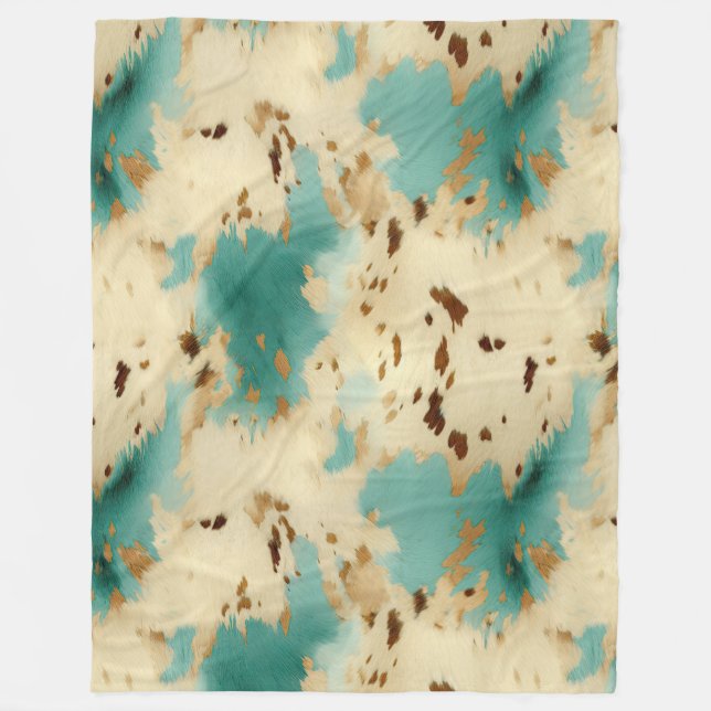 Cream Gold Turquoise Cowhide Animal  Fleece Blanket (Front)