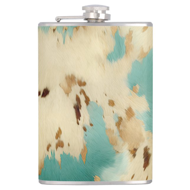 Cream Gold Turquoise Cowhide Animal  Hip Flask (Front)