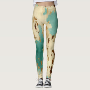 Cream Gold Turquoise Cowhide Animal  Leggings