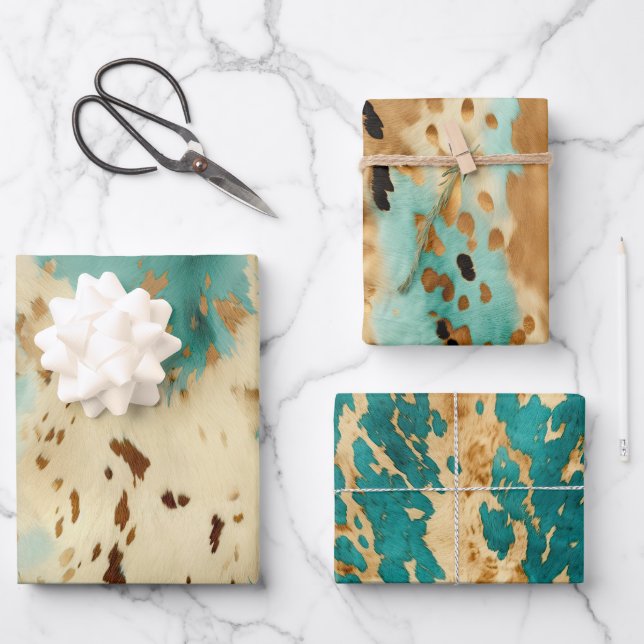 Cream Gold Turquoise Cowhide Animal  Wrapping Paper Sheet (Front)