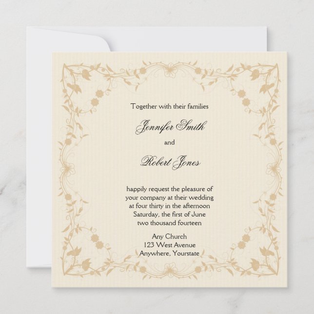 Cream Gold Vintage Floral Wedding Invitation (Front)