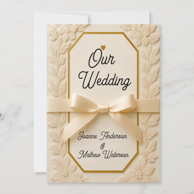 Cream & Gold Wedding Canvas Print – Ornate Frame W Invitation (Front)