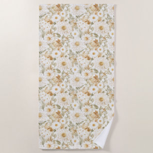 Cream Gold White Country Flowers Beach Towel
