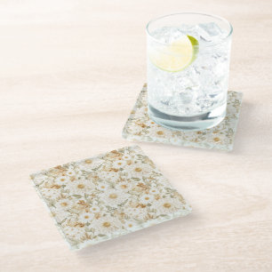 Cream Gold White Country Flowers Glass Coaster