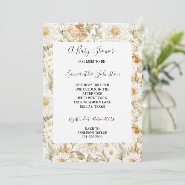 Cream Gold White Country Flowers Invitation (Standing Front)