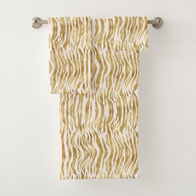  Cream Gold Zebra Print Bath Towel Set (Insitu)