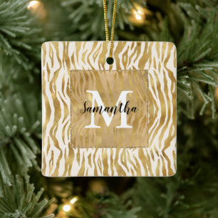 Cream Gold Zebra Print Monogram Ceramic Ornament