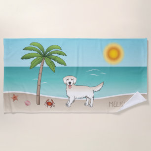 Cream Golden Retriever At A Tropical Summer Beach Beach Towel