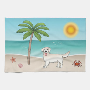 Cream Golden Retriever At A Tropical Summer Beach Tea Towel