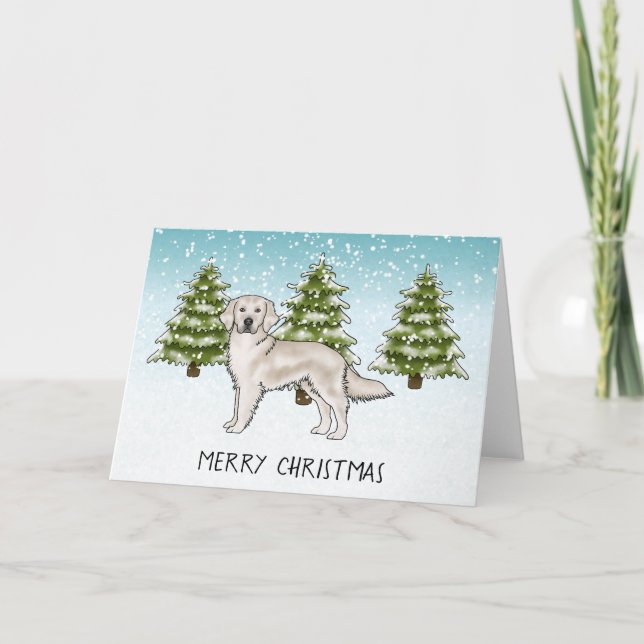 Cream Golden Retriever Blue Winter Merry Christmas Card (Front)