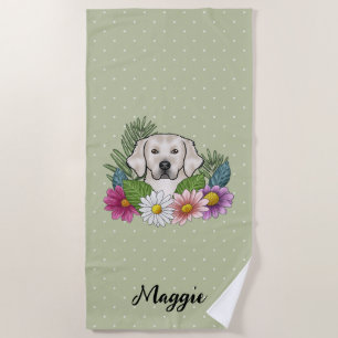 Cream Golden Retriever Colourful Flowers And Name Beach Towel